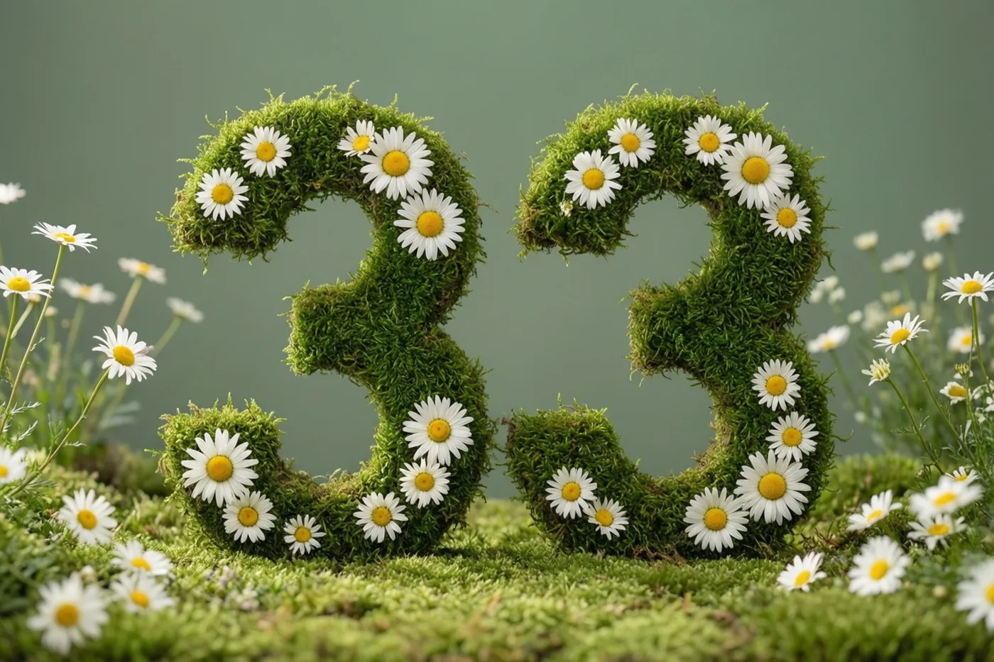 Een met mos begroeide groene haag vormt het getal 33 en is versierd met witte madeliefjes in een landelijke tuin.