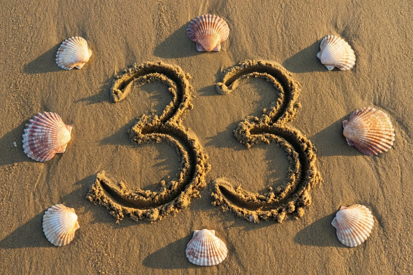 Het getal 33 is in strandzand getekend tussen schelpen, in warm goudkleurig licht.