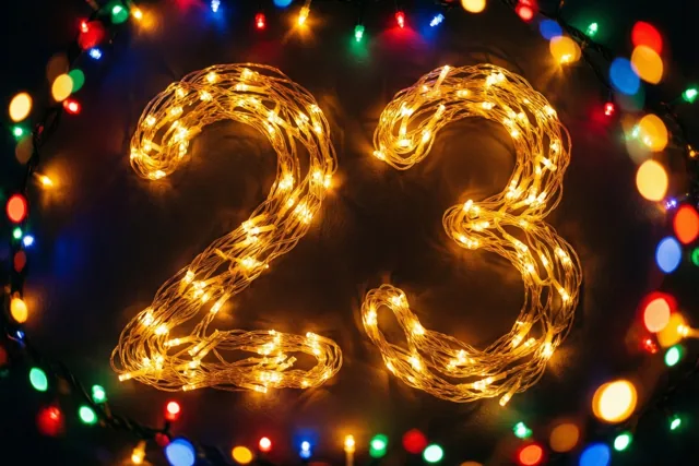 Warme lichtjes vormen 23 op een donkere muur, omringd door kleurrijke, onscherpe feestlichtjes.