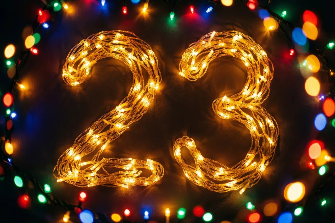 Warme lichtjes vormen 23 op een donkere muur, omringd door kleurrijke, onscherpe feestlichtjes.