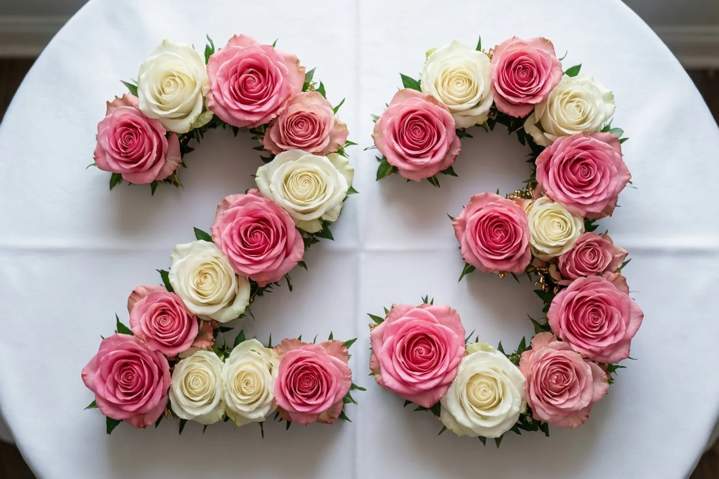 Van bovenaf zijn roze en crèmewitte rozen te zien die 23 vormen op een wit tafelkleed.