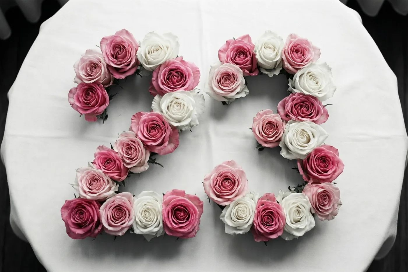 Roze en witte rozen liggen in de vorm van 23 op een wit tafelkleed, recht van bovenaf gefotografeerd.