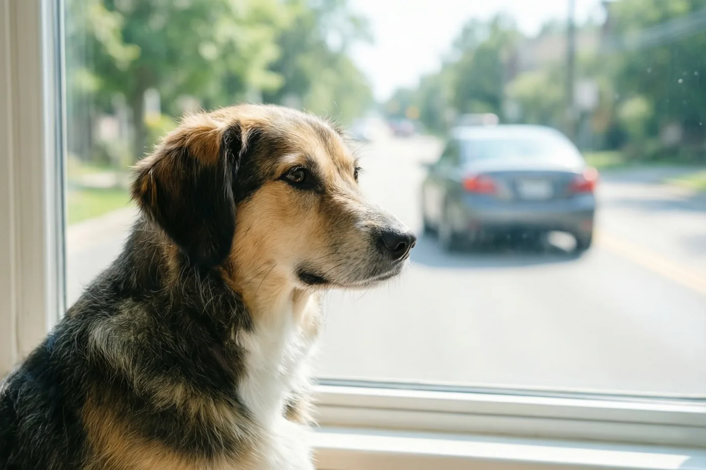Een hond met bruine, zwarte en witte vacht kijkt door een raam naar een wegrijdende auto, met groene bomen buiten in helder daglicht.