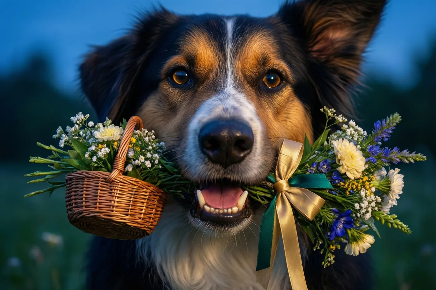 Een driekleurige hond houdt van dichtbij gezien een klein rieten bloemenmandje met een strik in zijn bek, buiten bij schemering tegen een wazige blauwe en groene achtergrond.