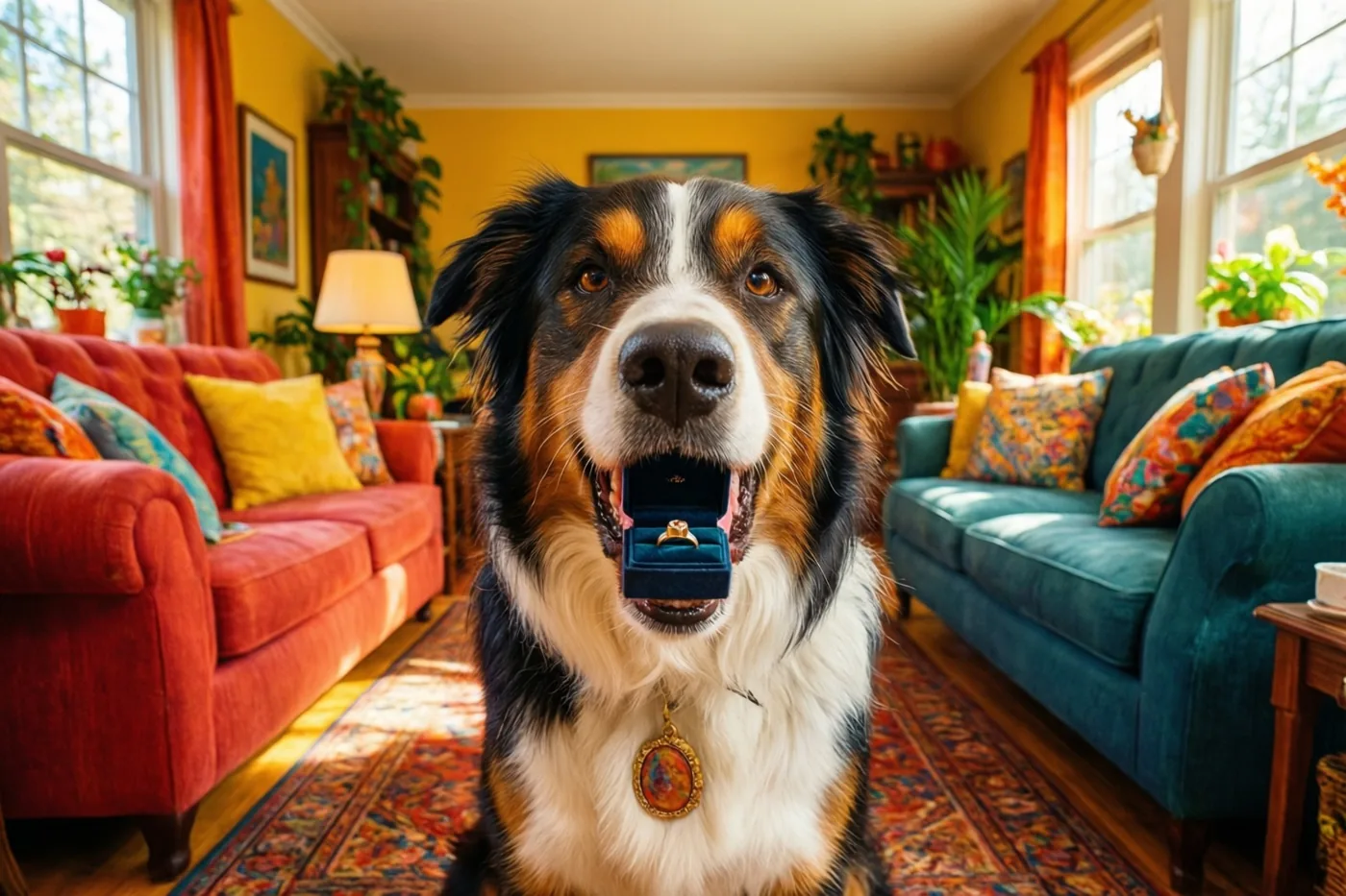 Een driekleurige hond zit met een klein open ringdoosje in zijn bek in een zonnige woonkamer met rode en blauwgroene zetels en warme gele muren.