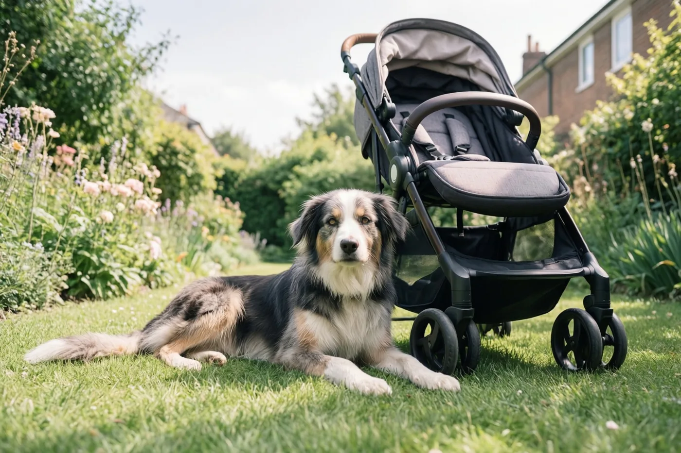 Een pluizige hond met zwart-wit-bruine vacht ligt op het gras naast een grijs-zwarte kinderwagen in een zonnige tuin met bloemen en een bakstenen huis.