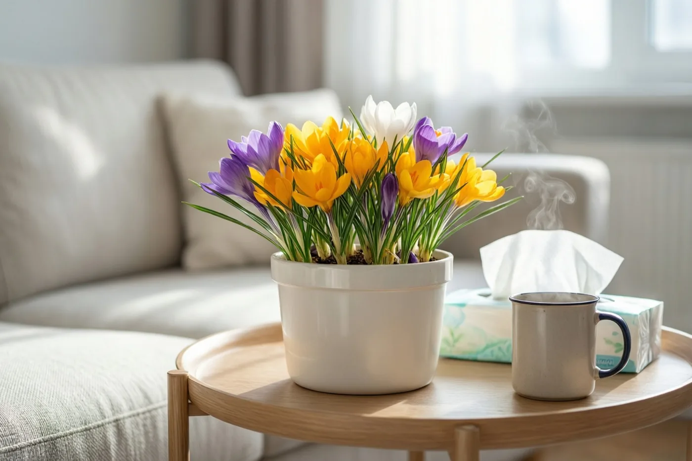 Een pot bloeiende gele, paarse en witte krokussen staat naast een dampende mok en een doos zakdoekjes op een houten bijzettafel, met een lichte zetel op de achtergrond.