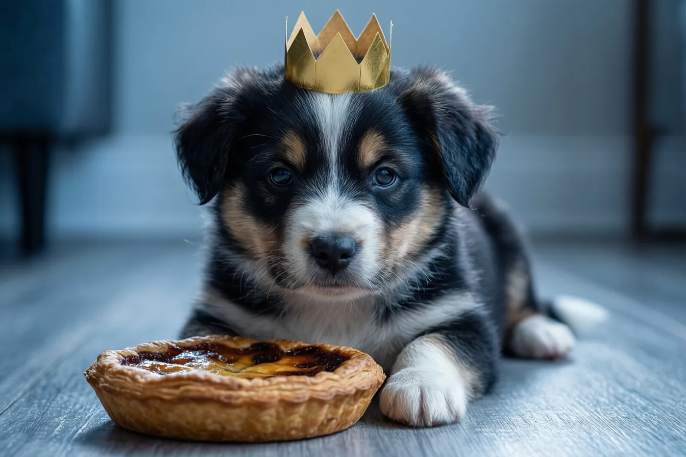 Een driekleurige puppy met een kleine gouden papieren kroon zit op een houten vloer naast een frangipanetaart in zacht, koelblauw licht.