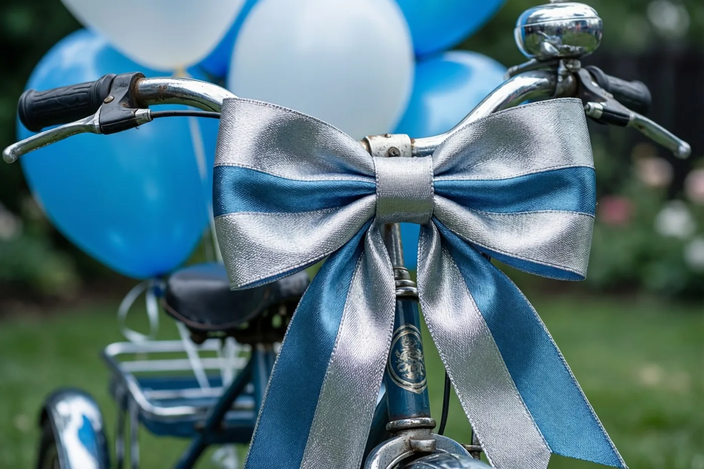 Een oude driewieler met een grote blauw-zilveren strik aan het stuur staat in een groene tuin, met blauwe en witte ballonnen op de achtergrond.