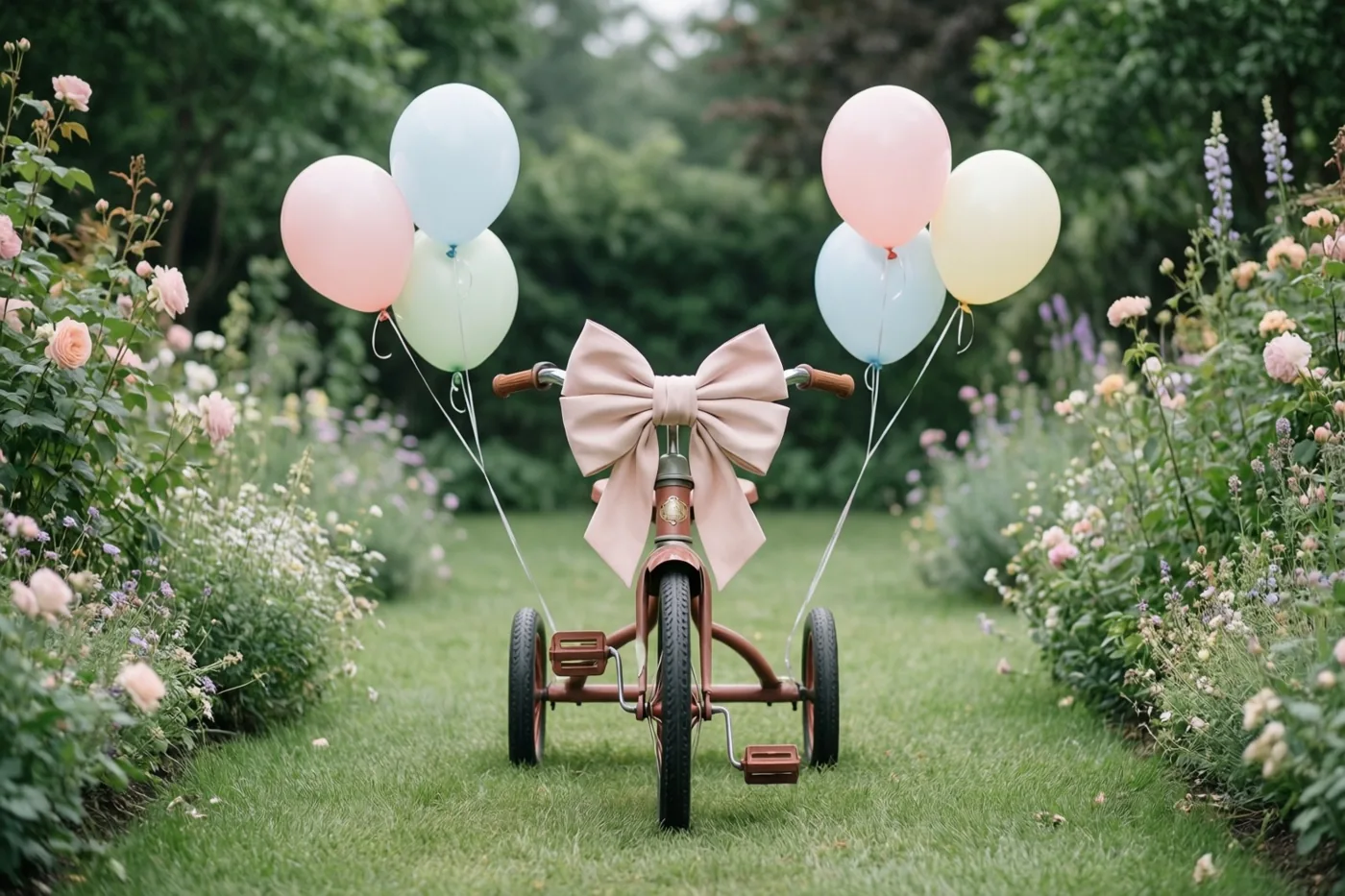 Een driewieler in retrostijl met een grote roze strik en pastelballonnen aan het stuur staat op gras tussen roze en witte bloemen.