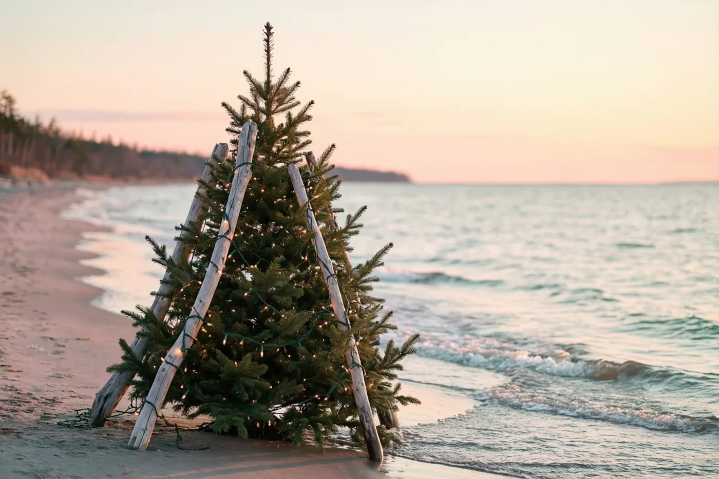Een kerstboom van drijfhout met lichtslingers staat aan de waterlijn op een breed strand, waar rustige golven aanspoelen onder een roze-oranje avondlucht.