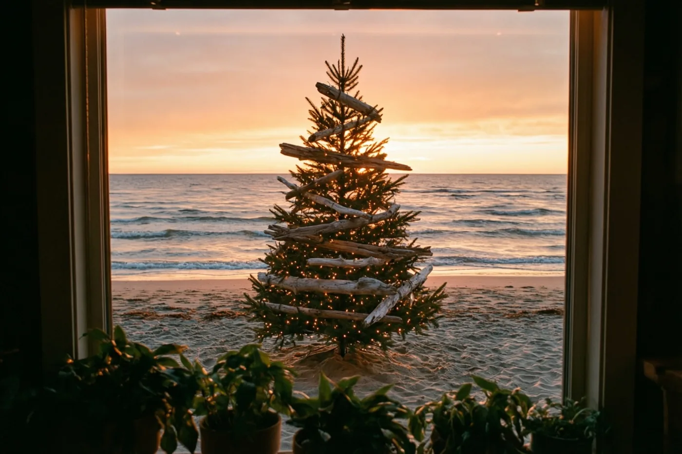 Door een raam met potplanten op de voorgrond is een verlichte kerstboom van drijfhout op een breed strand te zien, onder een oranje-roze avondlucht.