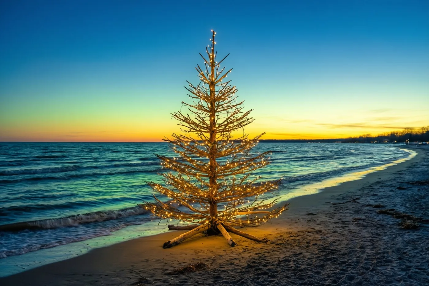 Een kale kerstboom van drijfhout met warme lichtjes staat op een breed zandstrand, met golfjes aan de voet en een lucht die van diepblauw naar goudgeel verloopt.