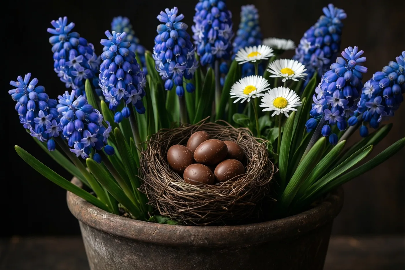Een rustieke pot met blauwe druifjes en witte madeliefjes heeft in het midden een klein bruin nestje met chocolade-eieren, tegen een donkere achtergrond.