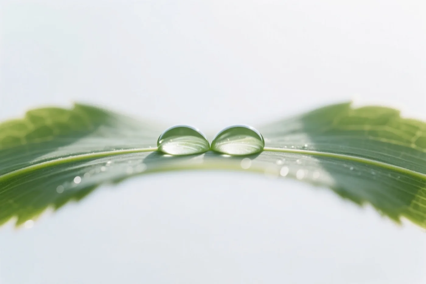 Twee waterdruppels liggen vlak naast elkaar op een groen blad tegen een zachte, onscherpe witte achtergrond.