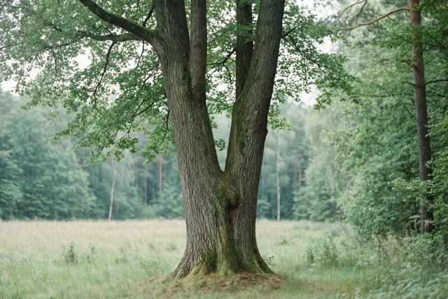 Een grote volwassen boom met twee vergroeide stammen staat op een open grasplek aan de rand van een dicht bos, in zacht licht.
