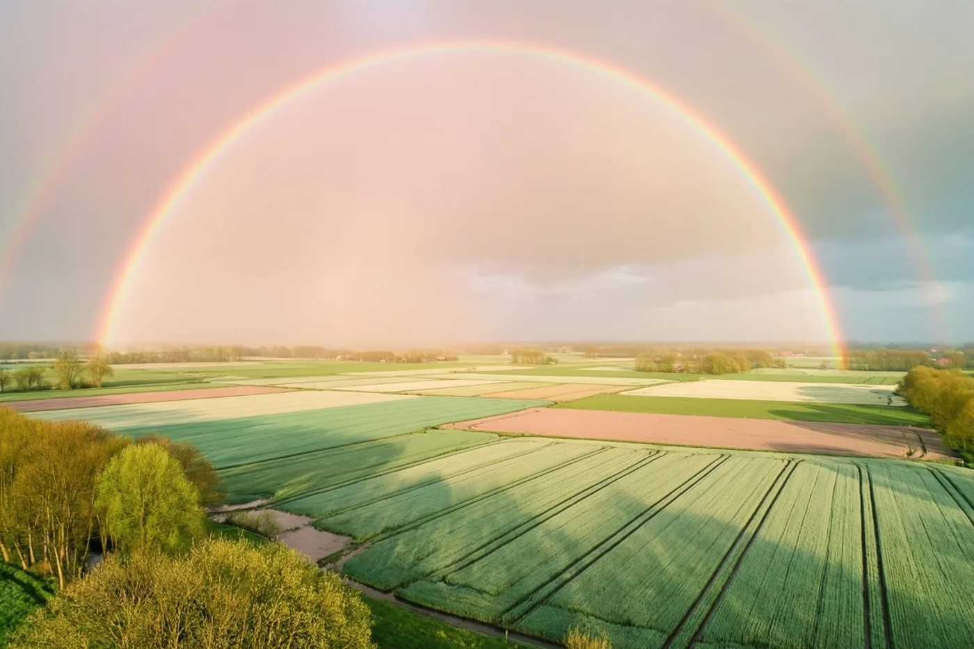 Een dubbele regenboog staat boven groene en roze landbouwvelden in een polderlandschap onder een pastelkleurige hemel.