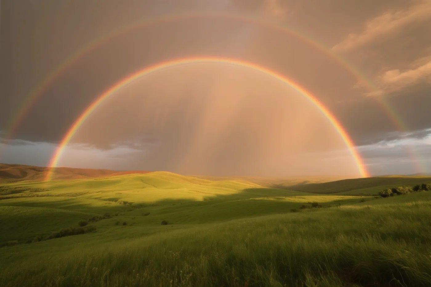 Een dubbele regenboog staat boven glooiende groene weiden onder een bewolkte hemel in warm goudkleurig licht.