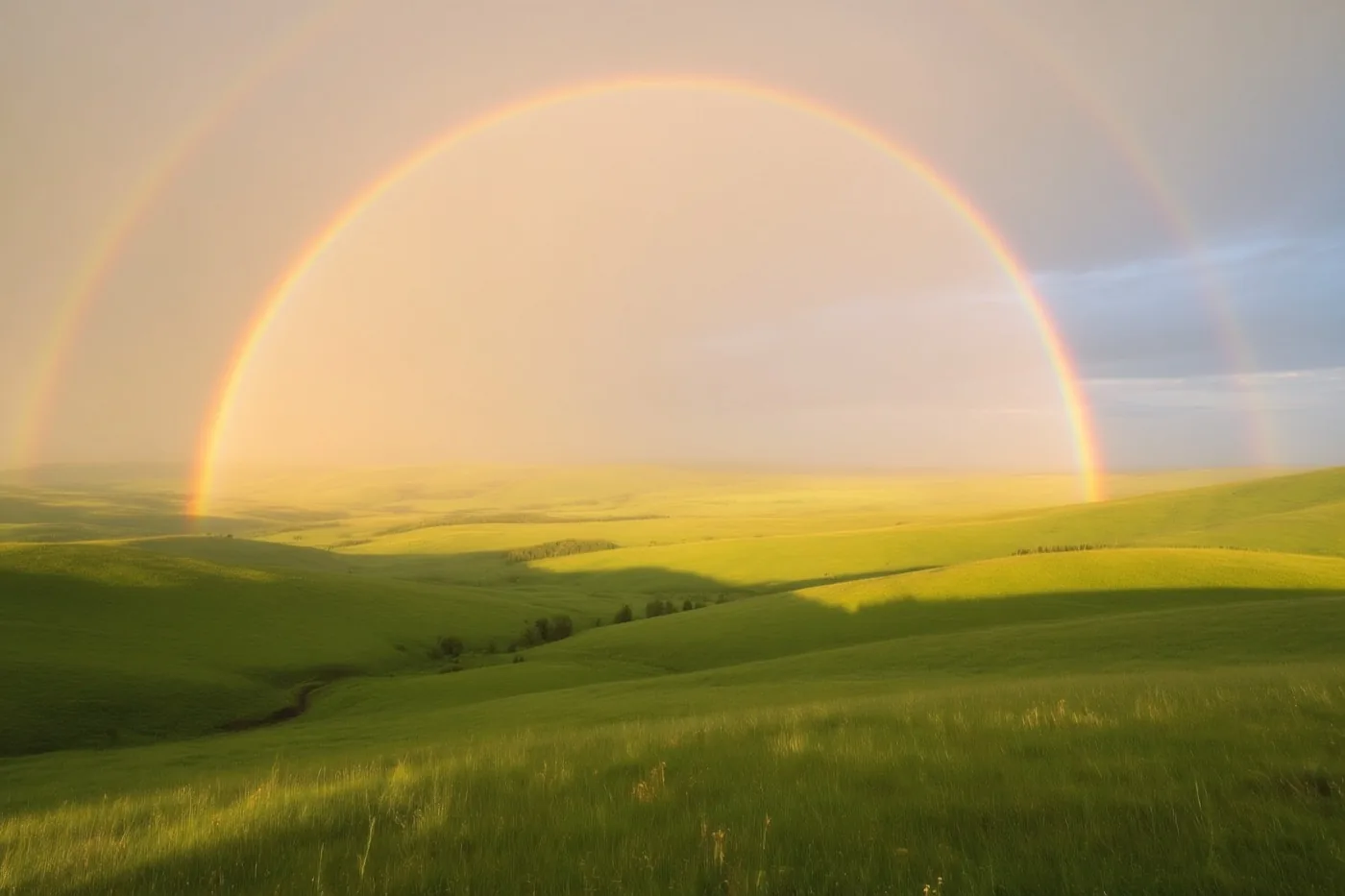 Een dubbele regenboog staat boven glooiende groene weiden in zacht, goudkleurig licht.