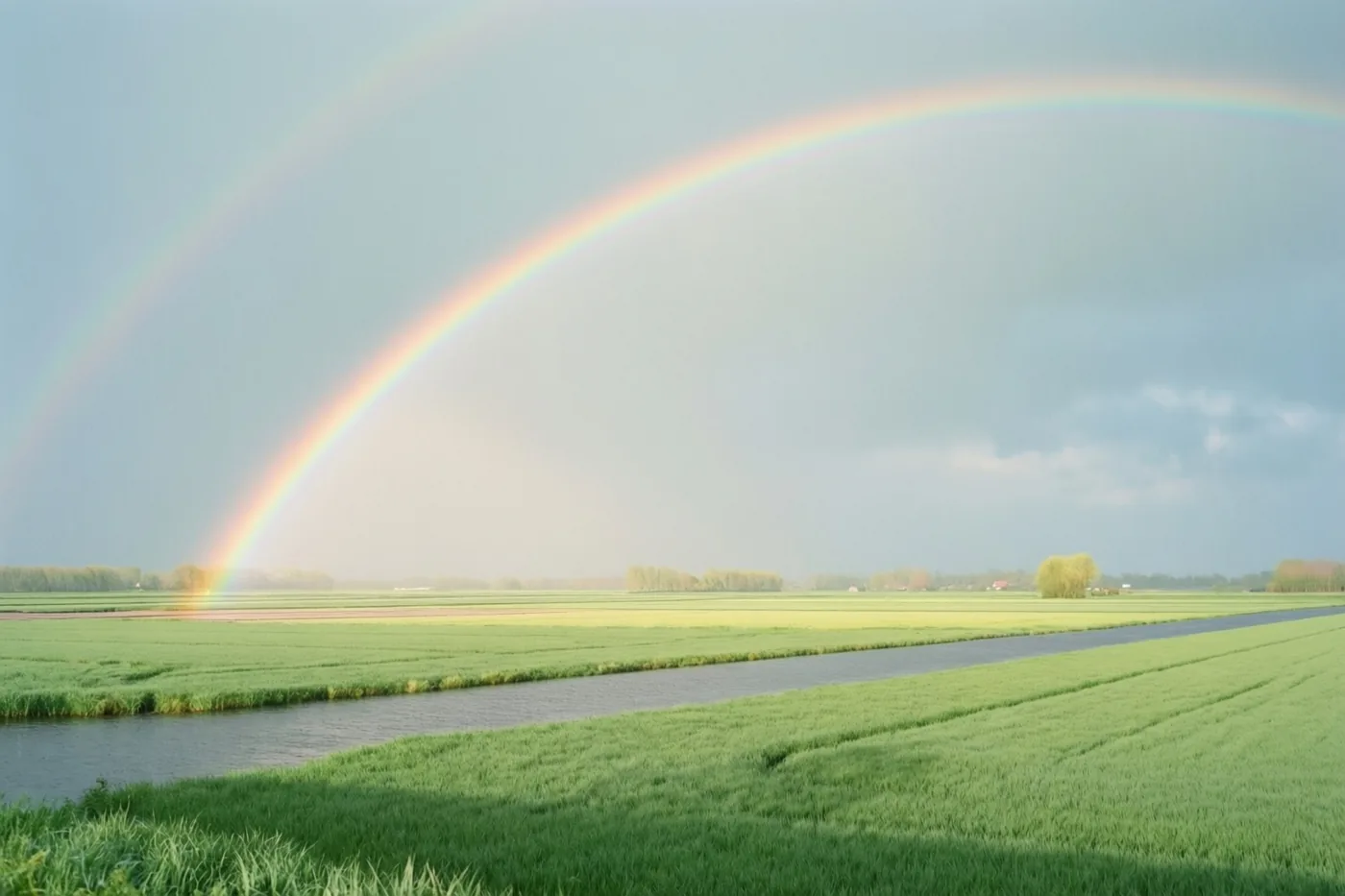 Een dubbele regenboog staat boven een vlak groen polderlandschap met een kanaal en bomen in de verte onder een lichtblauwe hemel.