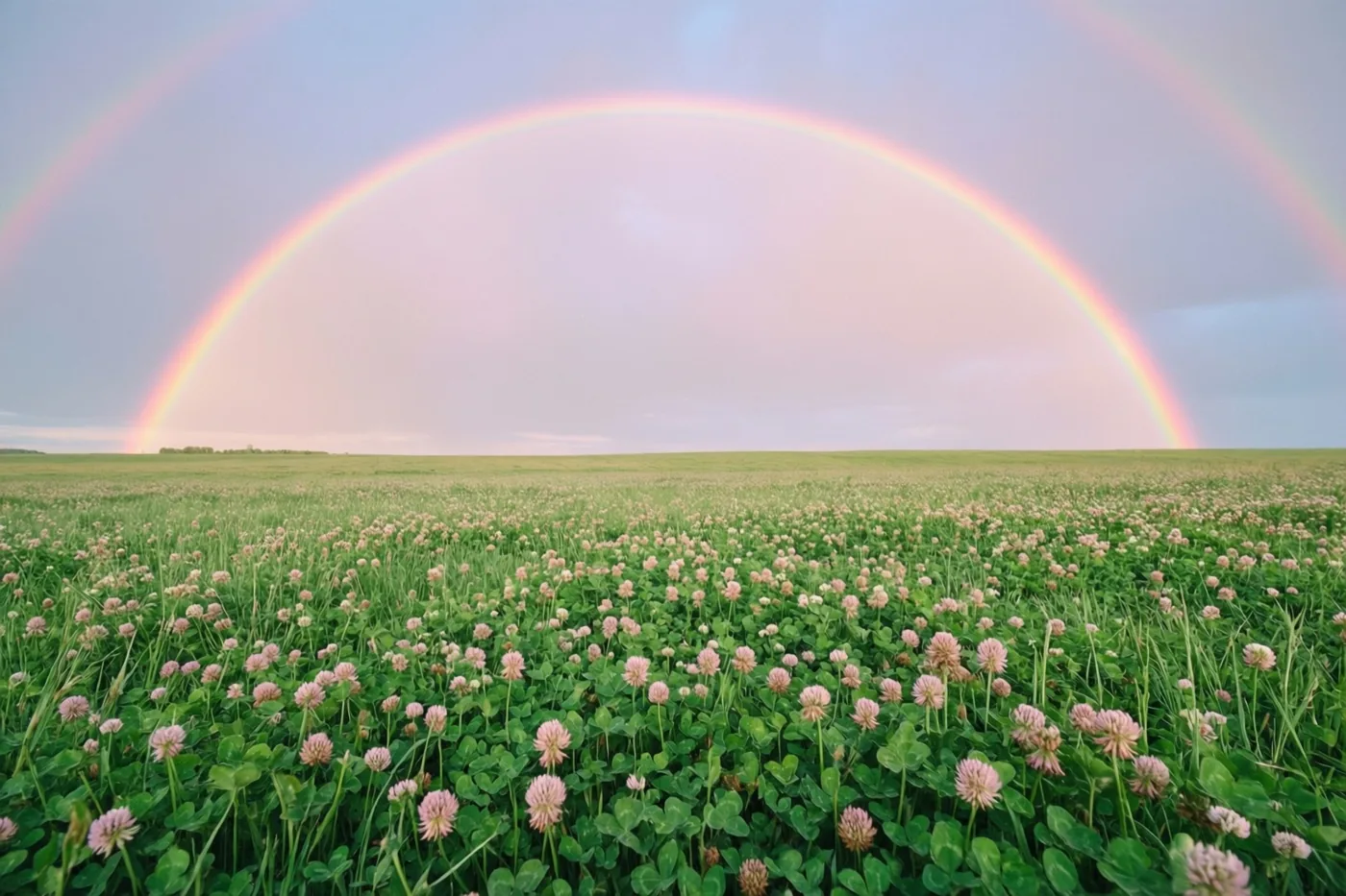 Een uitgestrekt veld groene klaver met roze-witte bloemen ligt onder een dubbele regenboog in zacht pastelkleurig licht.
