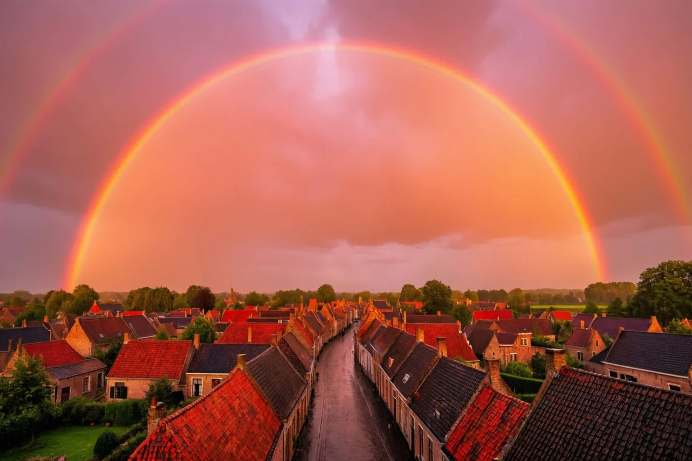 Een dubbele regenboog staat boven traditionele Vlaamse huizen met rode pannendaken in een dorpsstraat, onder een oranje en roze lucht.