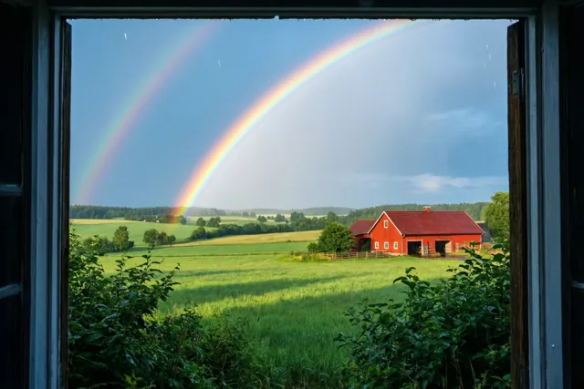 Door een open raam met donkere kozijnen en bladeren op de voorgrond is een dubbele regenboog te zien boven groene weiden en een boerderij met een rood dak.
