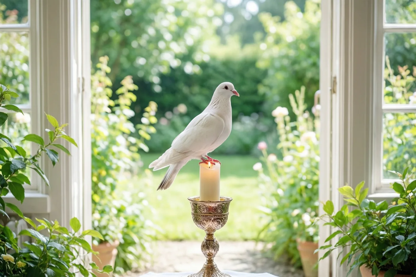 Een witte duif zit op een brandende communiekaars in een sierlijke gouden kandelaar bij een raam met uitzicht op een groene tuin.