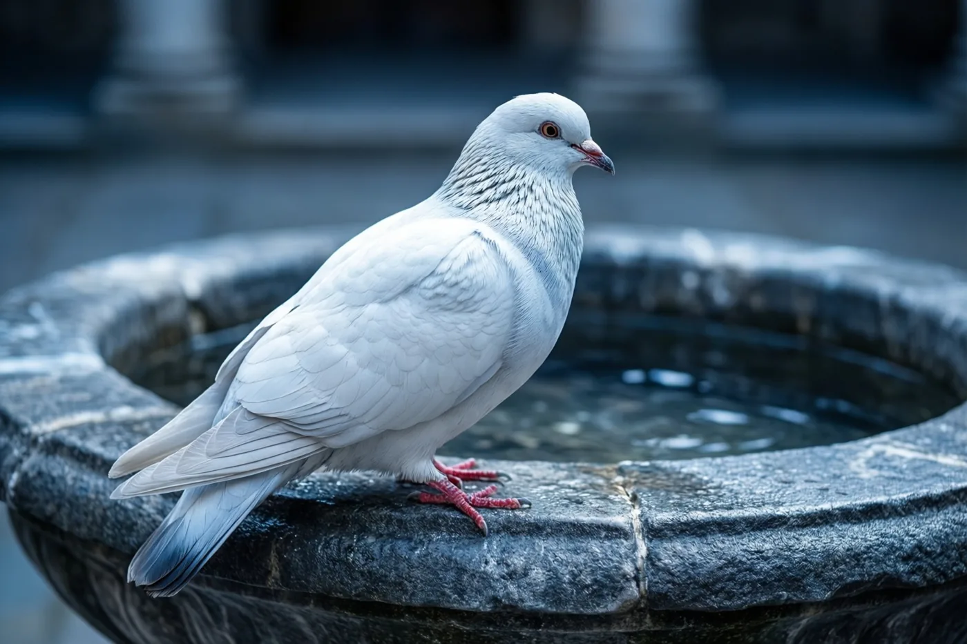 Een witte duif zit op de rand van een met water gevulde stenen doopvont in een omgeving met koele blauwe tinten en een onscherpe achtergrond.