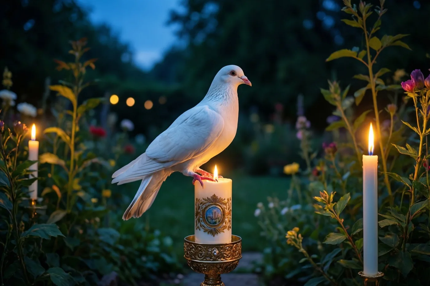 Een witte duif zit op een brandende, rijk versierde communiekaars in een tuin bij schemering, in zachte blauwe en groene tinten met warme gele lichtaccenten.