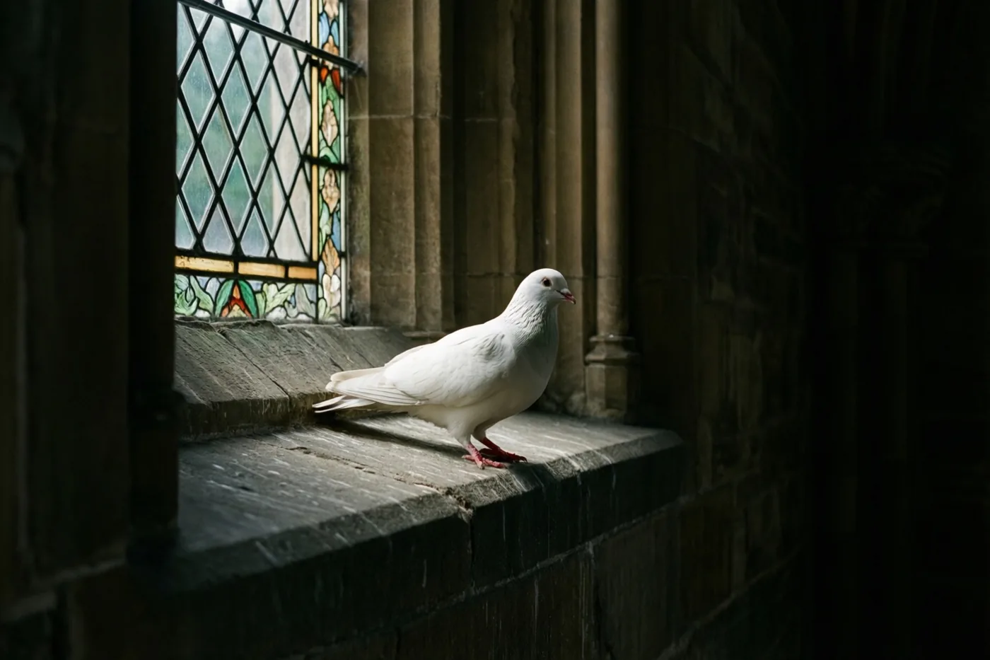 Een witte duif staat op een stenen vensterbank in een kerk met donkere stenen muren, verlicht door een glasraam.