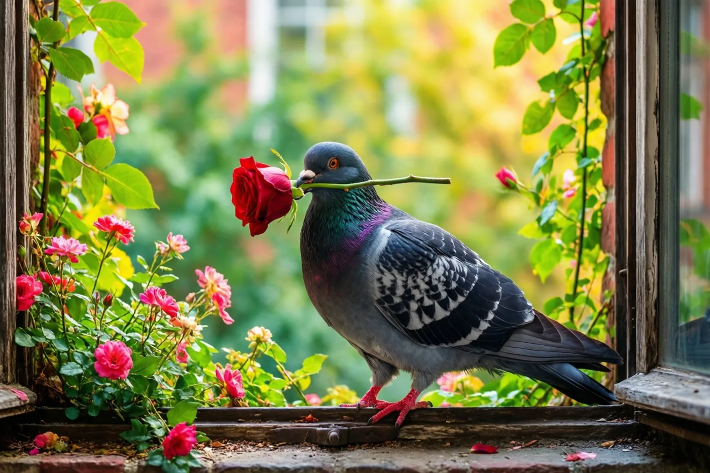 Een duif met een rode roos in haar snavel zit op een houten vensterbank, omringd door bloeiende roze en rode rozen en groen in een zonnige tuin.