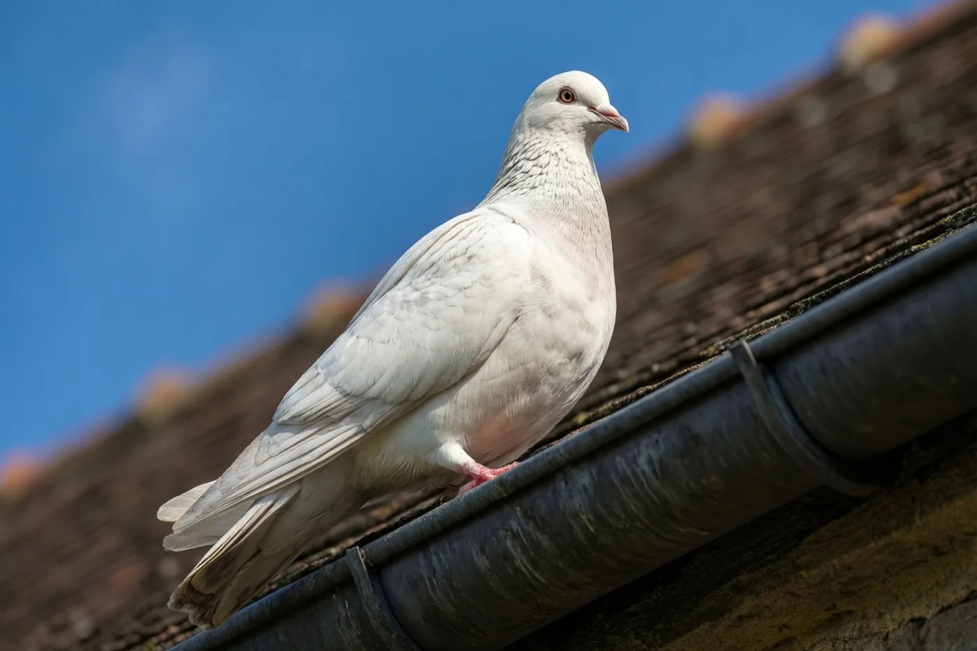 Een witte duif zit op een dakgoot onder een heldere blauwe lucht.