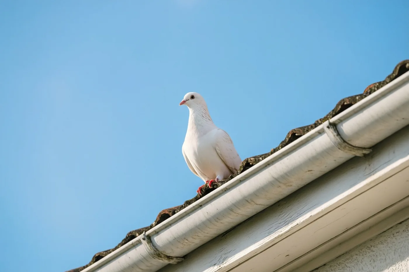 Een witte duif zit op de dakgoot van een dak tegen een strakblauwe lucht.