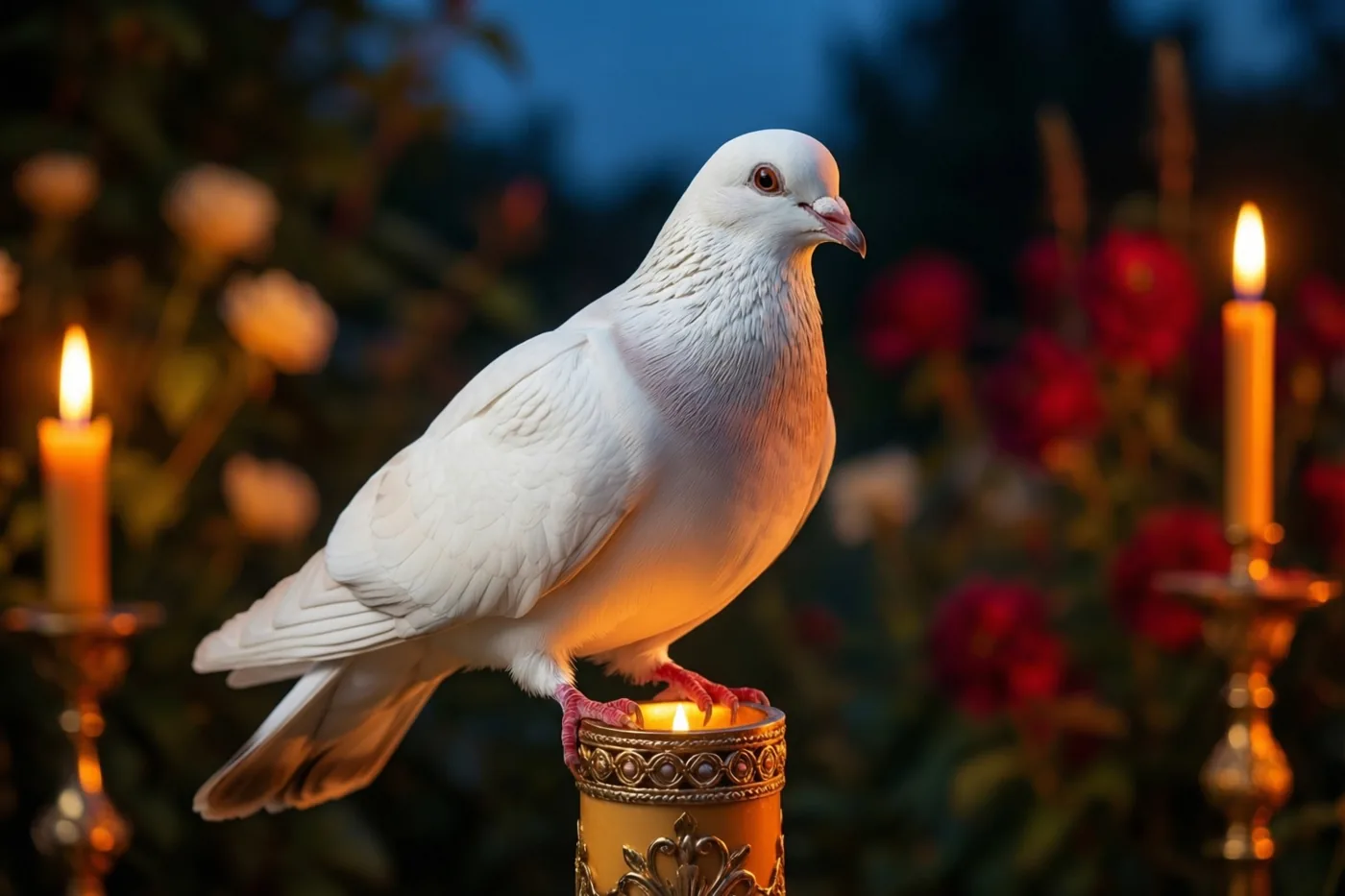 Een witte duif zit op een brandende, sierlijke communiekaars in een tuin bij schemering, met onscherpe rode en witte bloemen op de achtergrond.