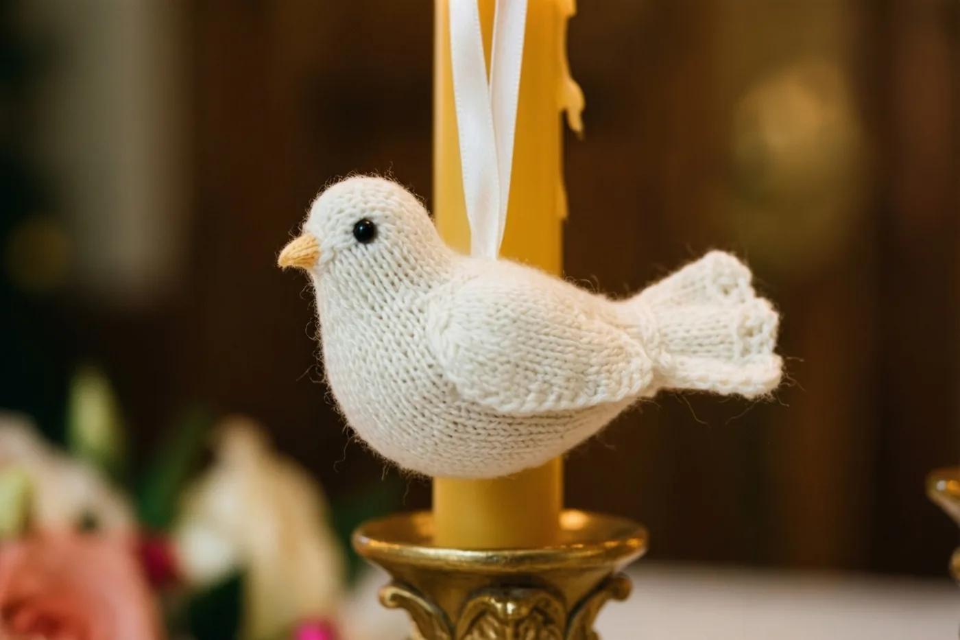 Een klein wit gebreid duifje hangt aan een wit lint aan een gele doopkaars in een gouden kandelaar, met onscherpe bloemen op de achtergrond.