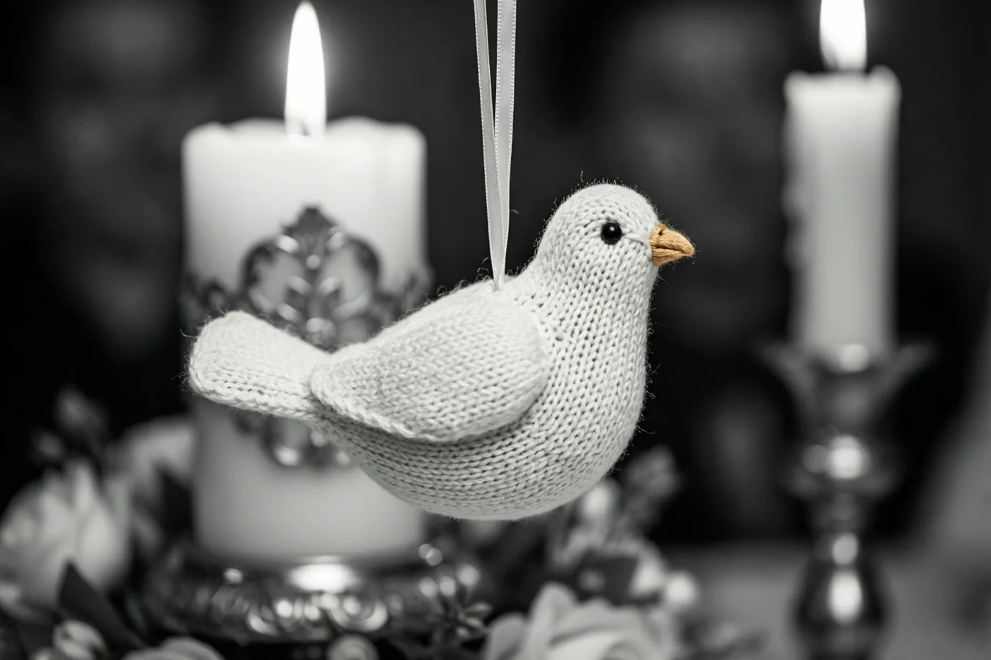 Een klein wit gebreid duifje hangt aan een lint voor twee brandende kaarsen in sierlijke houders op een monochrome foto.