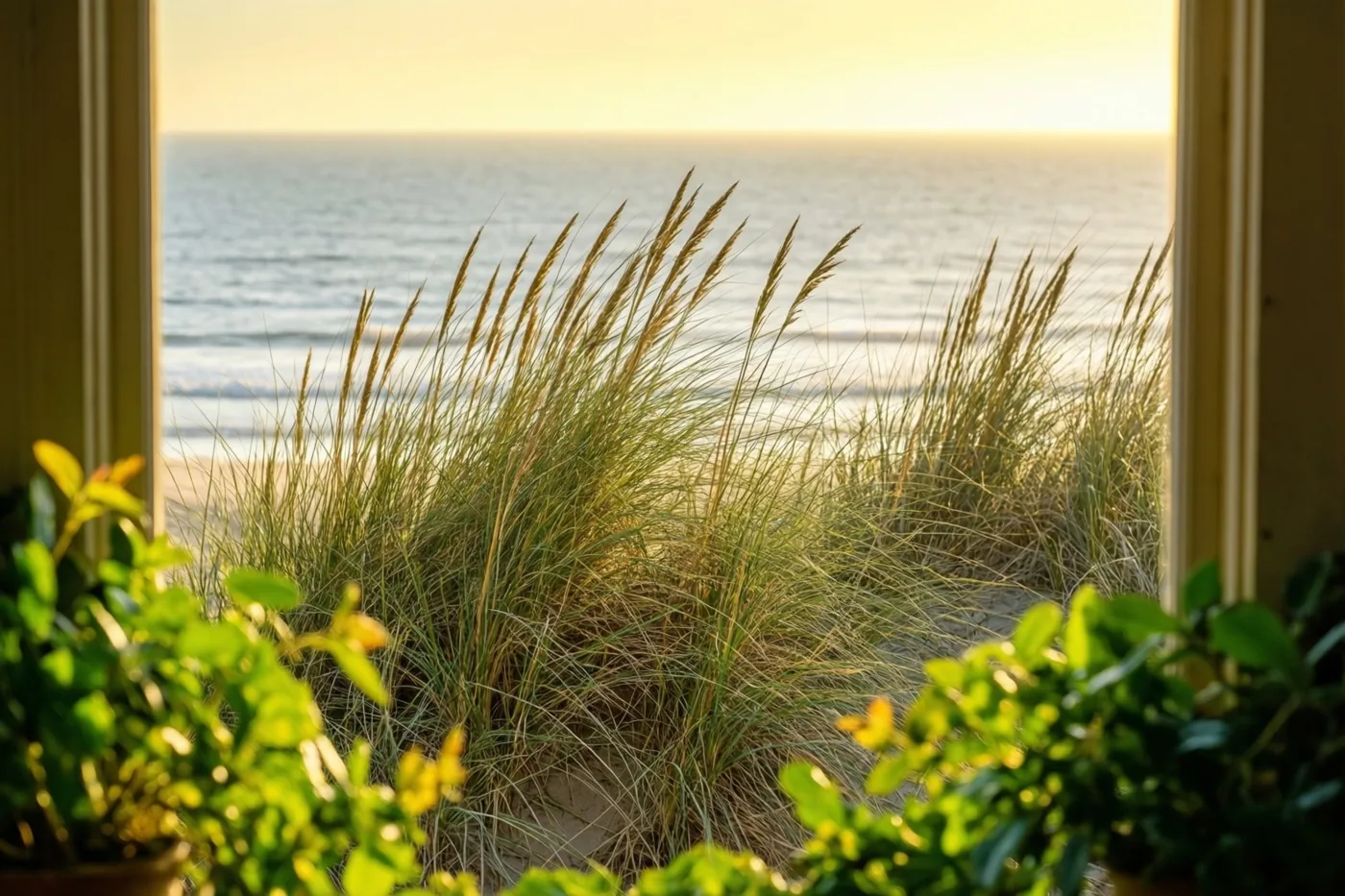 Door een raam met groene potplanten op de voorgrond zijn duinen met helmgras in goudkleurig ochtendlicht te zien, met een kalme zilverkleurige zee op de achtergrond.