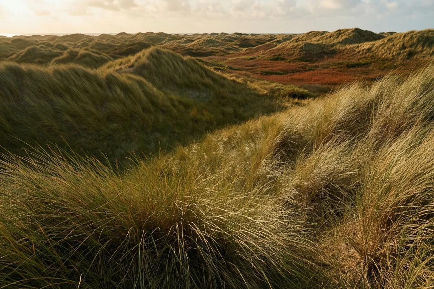 Brede golvende zandduinen met helmgras liggen in warm goudkleurig zonlicht, met gele, groene en aardbruine tinten.