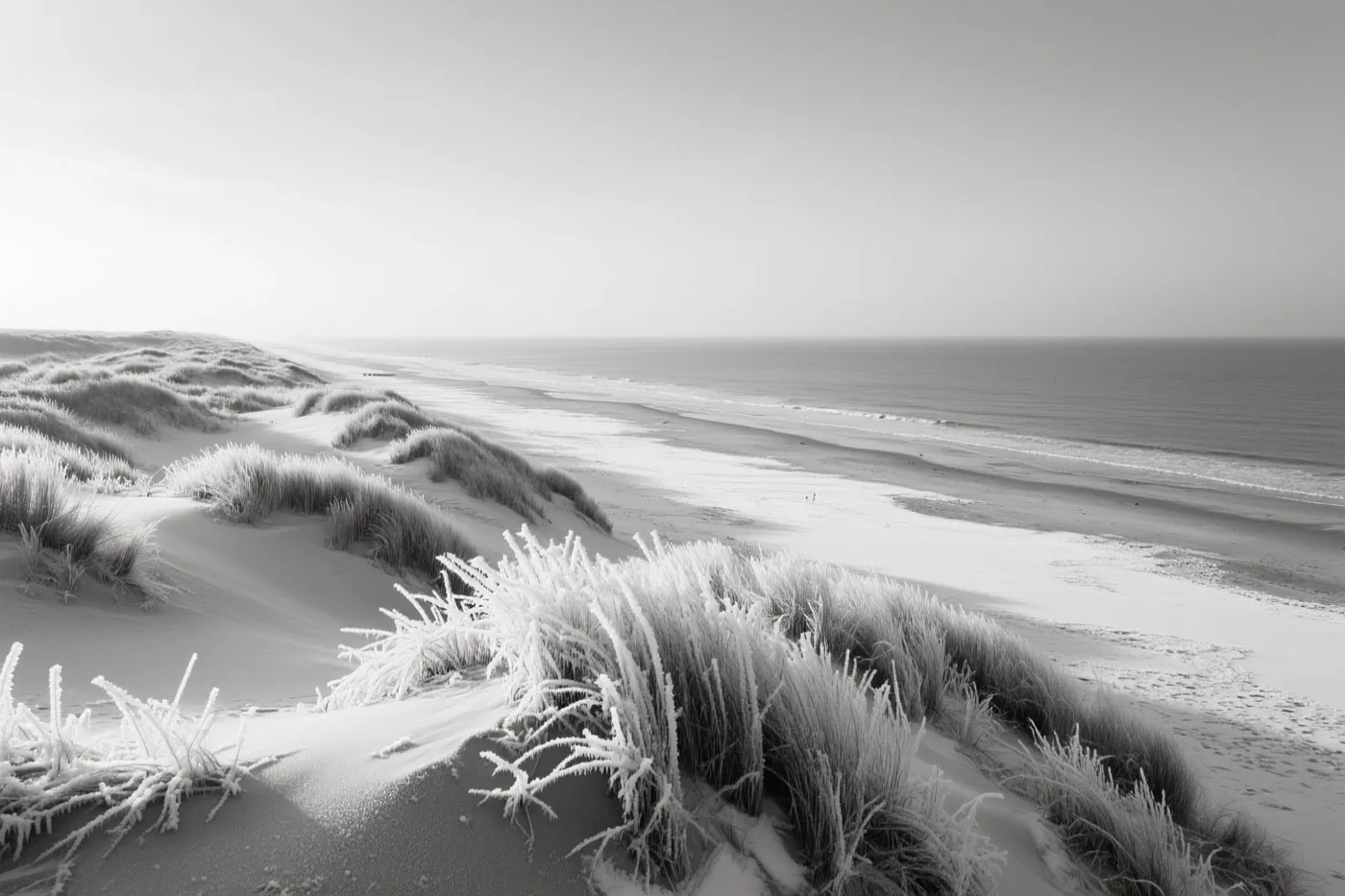 Een zwart-witfoto toont berijpte duinen aan de Belgische kust met een kalme grijze zee tot aan de horizon.