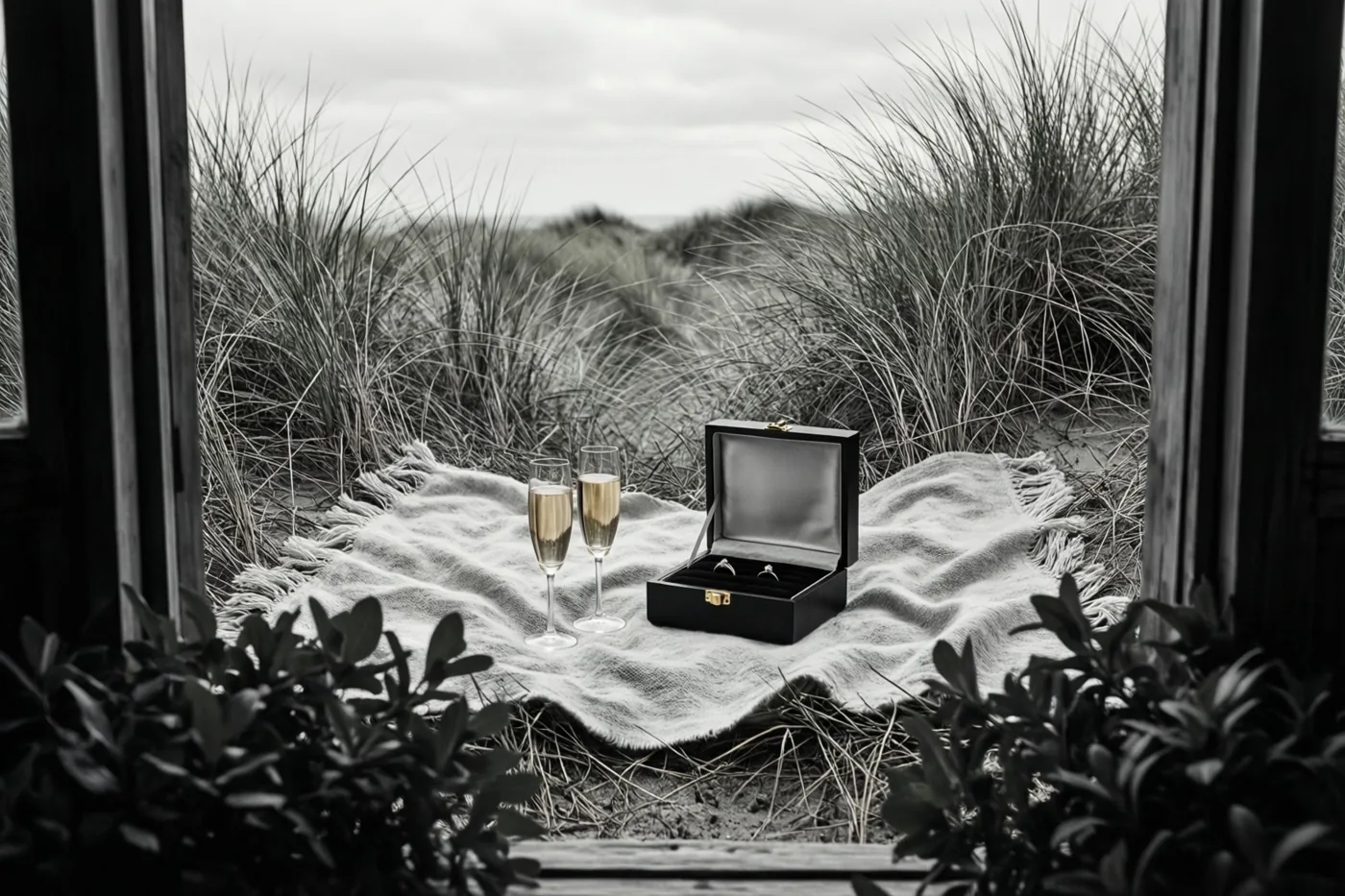 Een zwart-witfoto toont door een raam een open ringdoosje en twee champagneglazen op een deken in de duinen.