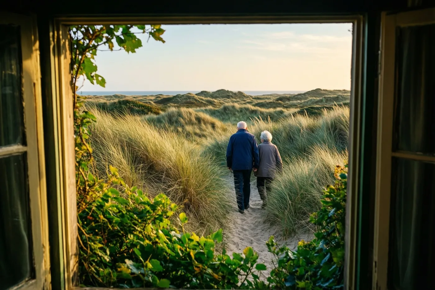 Door een open raam is een ouder koppel van achteren te zien dat hand in hand over een zandpad tussen hoog helmgras wandelt in warm goudkleurig licht.