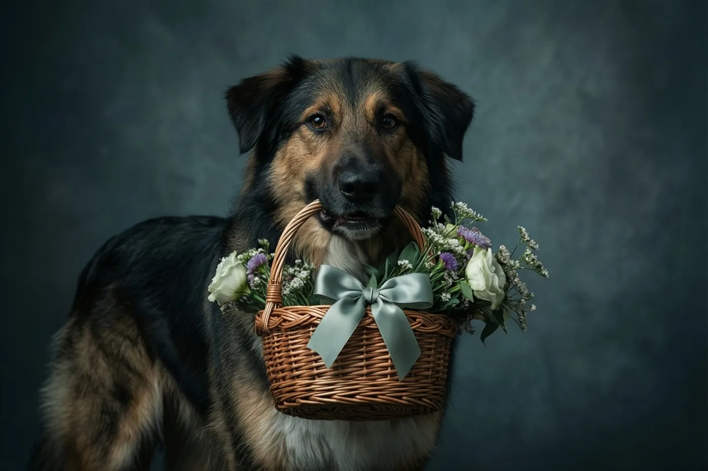 Een Duitse herder houdt een rieten mand met witte en paarse bloemen en een lichtgroene strik in zijn bek, tegen een donkergrijze studioachtergrond met zacht licht.