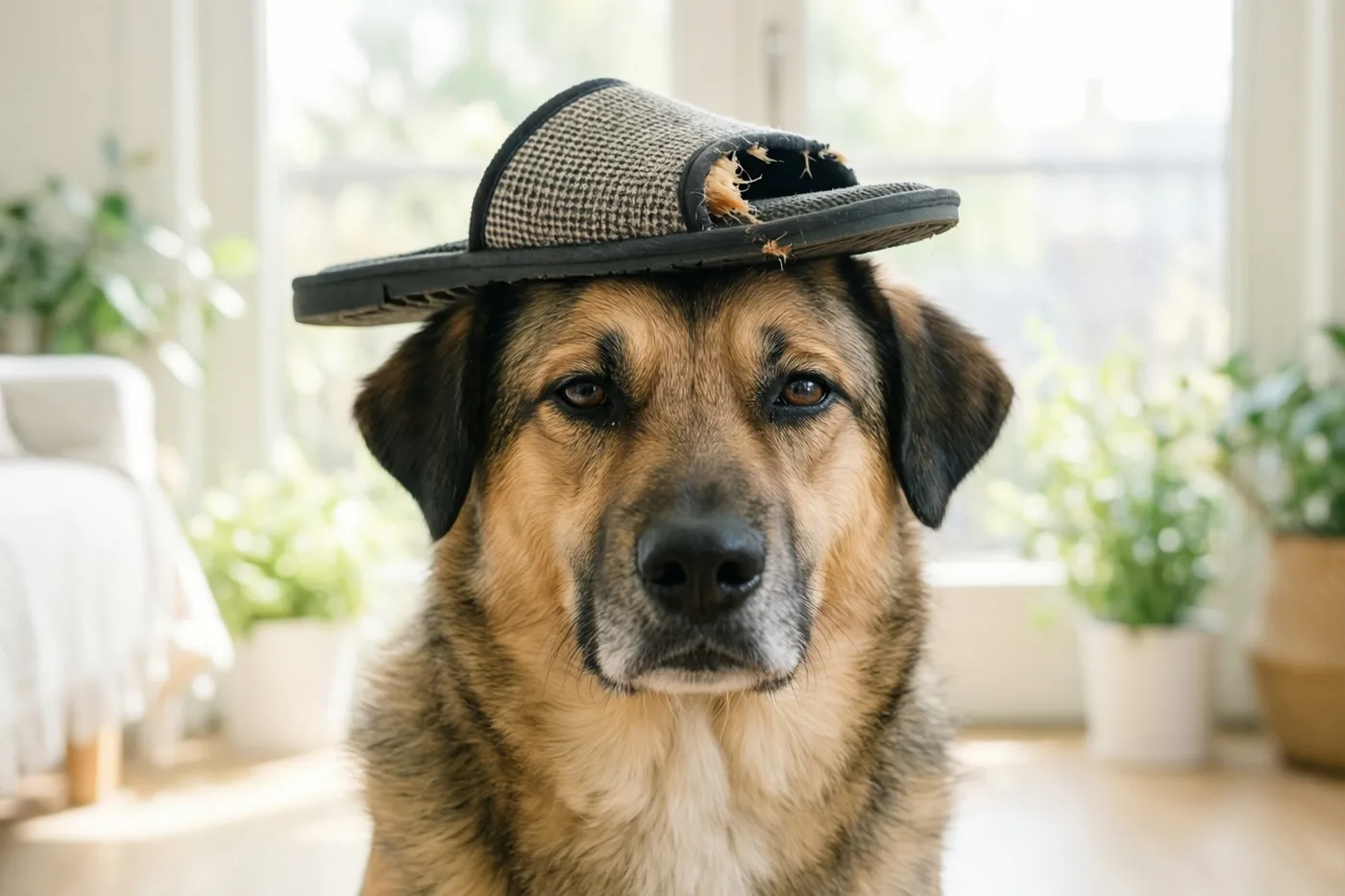 Een Duitse herder zit binnen met een kapotgekauwde pantoffel op zijn kop en kijkt schuldig naar de camera, met raamlicht en potplanten op de achtergrond.
