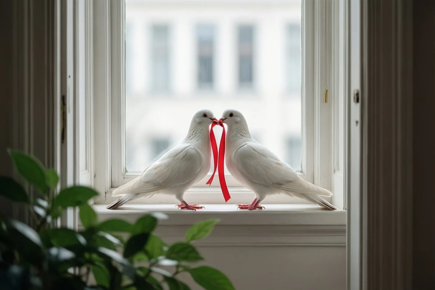 Twee witte duiven zitten binnen op een vensterbank met een rood lint tussen hun snavels, bij witte raamkaders en groen op de voorgrond in zacht daglicht.