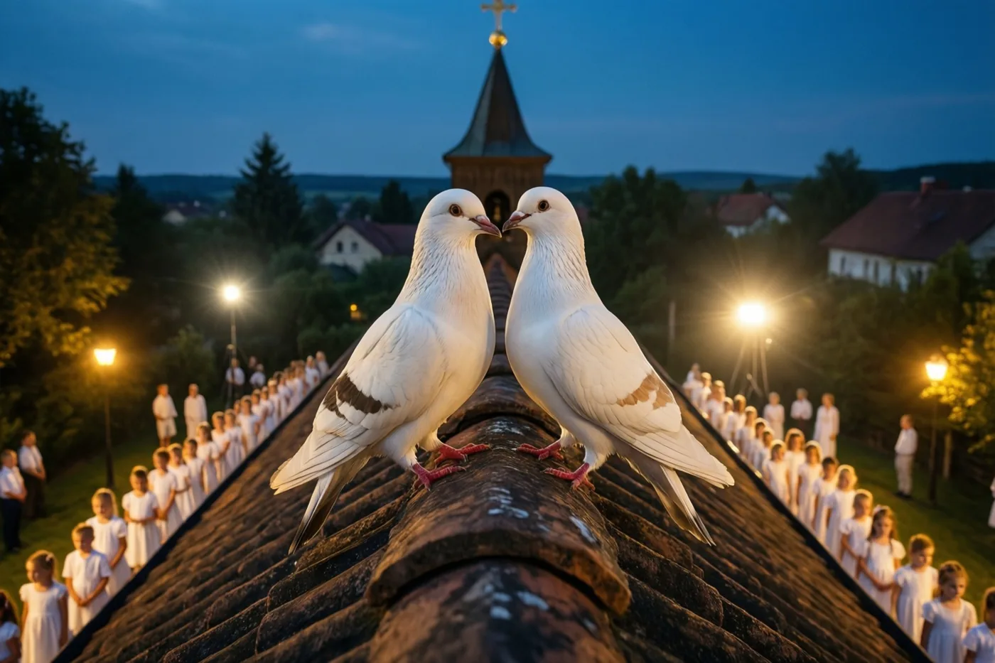Twee witte duiven zitten tegenover elkaar op een kerkdaknok, boven een stoet kinderen in witte gewaden onder straatlichten bij schemering, met een kerktoren op de achtergrond.