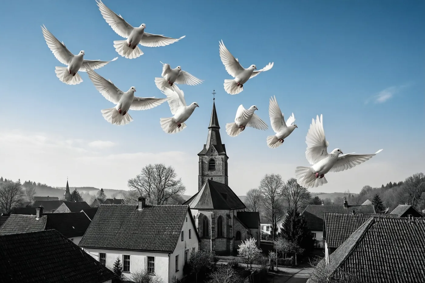 Witte duiven vliegen tegen een blauwe lucht boven een dorpskerk, huizen en bomen op een lenteochtend, waarbij het dorp in zwart-wit is weergegeven.