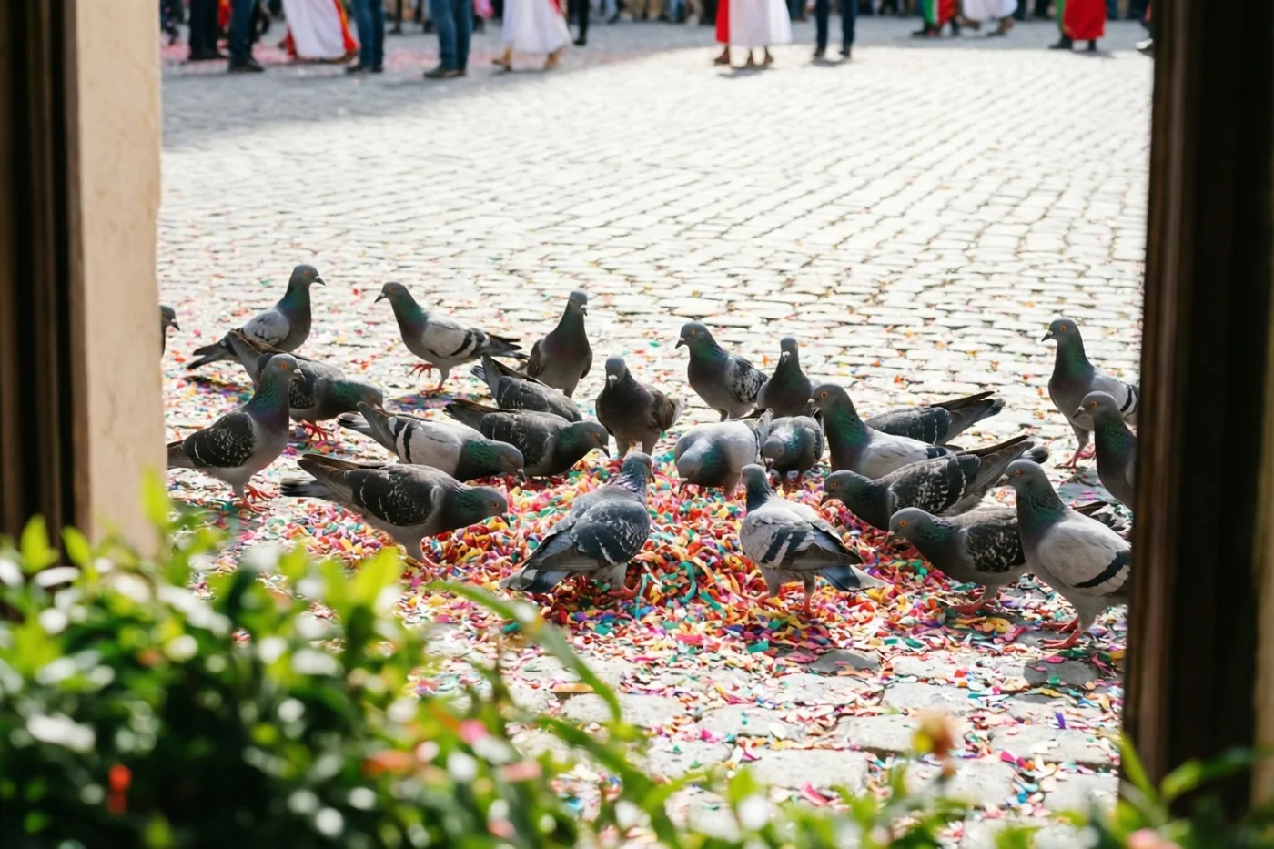 Door een raamkozijn is een groep duiven te zien die naar kleurrijke confetti op een kasseiplein pikt, met groene bladeren op de voorgrond.