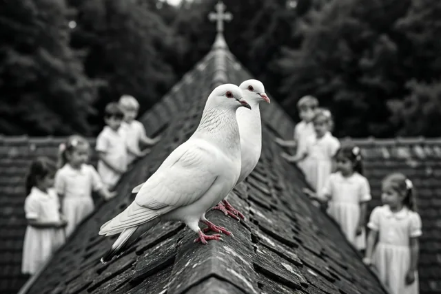 Een zwart-witfoto toont twee witte duiven op een schuin kerkdak, met een onscherpe stoet kinderen in witte jurken op de achtergrond.
