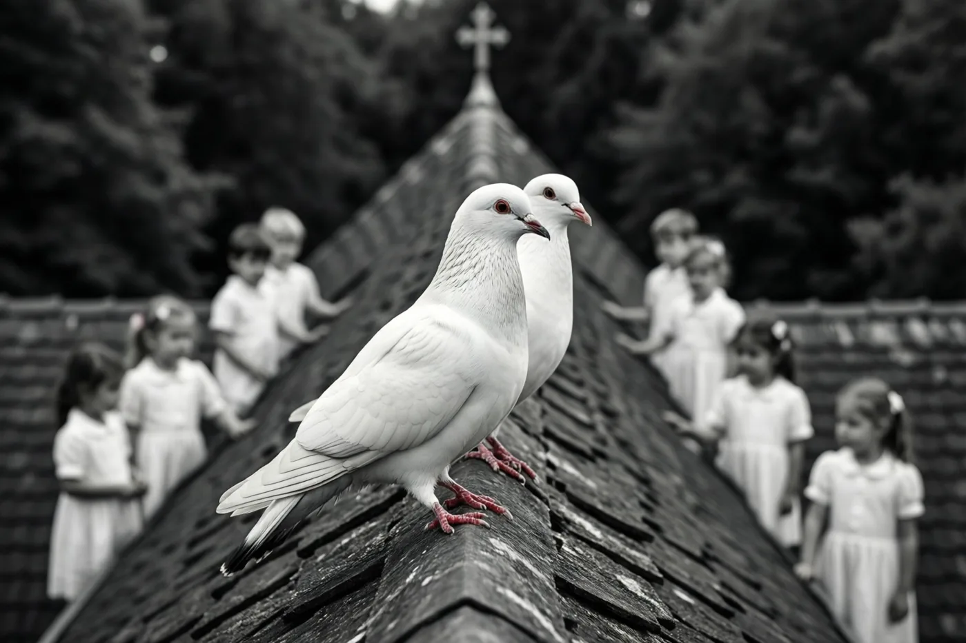 Een zwart-witfoto toont twee witte duiven op een schuin kerkdak, met een onscherpe stoet kinderen in witte jurken op de achtergrond.